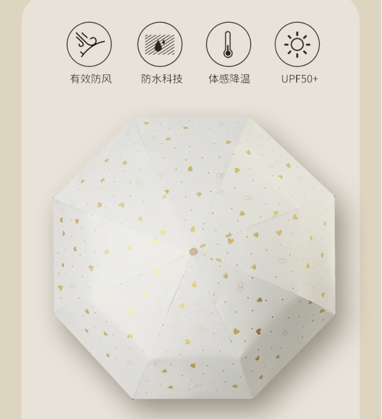 具備防風、防水、降溫與 UPF50+ 機能的白色晴雨傘